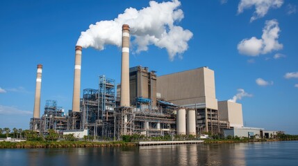 Obraz premium Industrial Power Plant with Smokestacks Releasing Thick Smoke into the Atmosphere