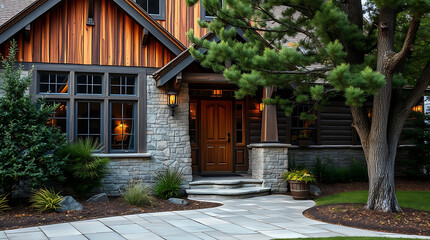 Luxury Rustic Home Exterior with Stone and Wood Design at Night