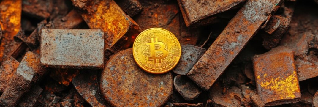 Bitcoin Cryptocurrency Coin on Pile of Rusty Scrap Metal Digital vs Traditional Assets