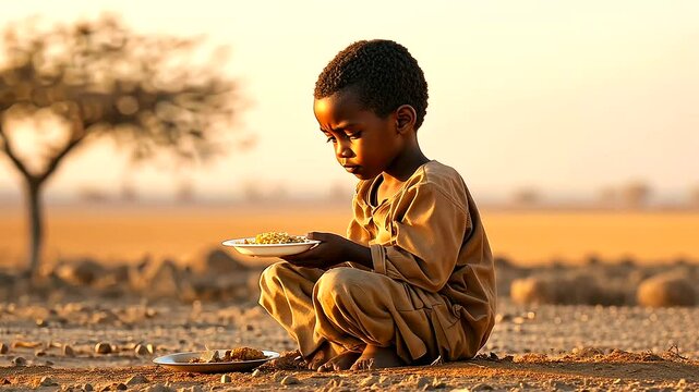 Malnourished Child Eating Maize Porridge in Rural Drought Scene
