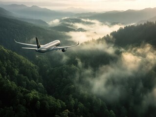 A large airplane is flying over a forest with foggy clouds