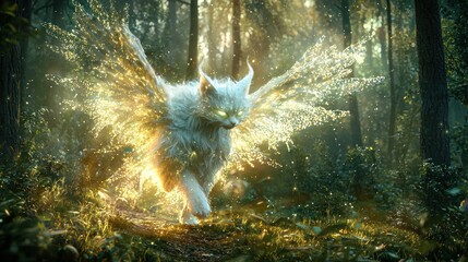 A magical creature with glowing fur and wings, wandering through a mystical forest