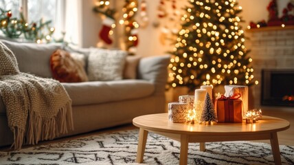 Cozy Christmas Living Room Decor with Festive Lights and Gifts