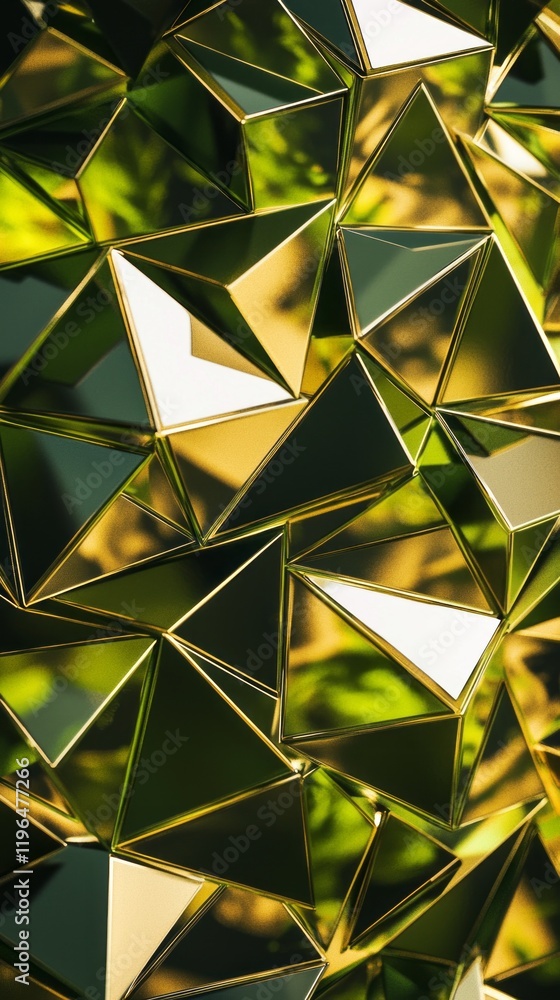 Aufkleber Intricate sharp triangles in vibrant olive green converge to form a dazzling visual display, highlighting the play of light and angles in a mesmerizing arrangement of shapes