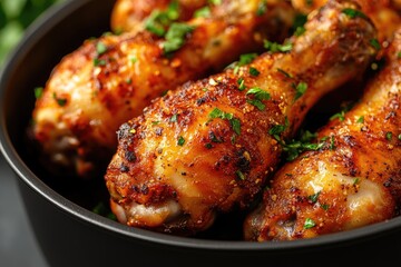 Roasted chicken drumsticks garnished with fresh parsley in a black pan