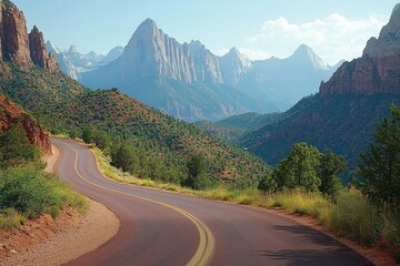 Fototapeta premium Winding road leading into zion national park's majestic mountains