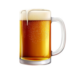 Frothy beer in a glass mug, showcasing bubbles and golden color on white isolate background.