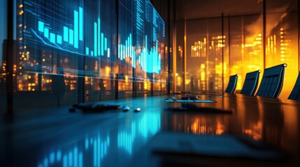 Modern Conference Room with Financial Data Display and City Night View