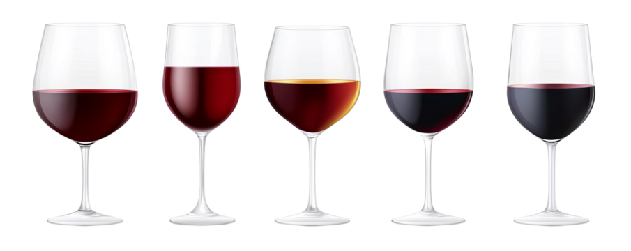 A collection of five red wine glasses, showcasing varying levels of filled wine against a white isolate background.