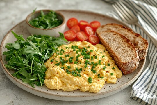 Scrambled eggs with cherry tomatoes, arugula and bread for healthy breakfast - Powered by Adobe