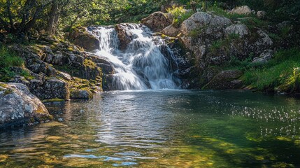 A majestic waterfall cascading into a serene pool, surrounded by lush greenery, capturing the beauty of nature.