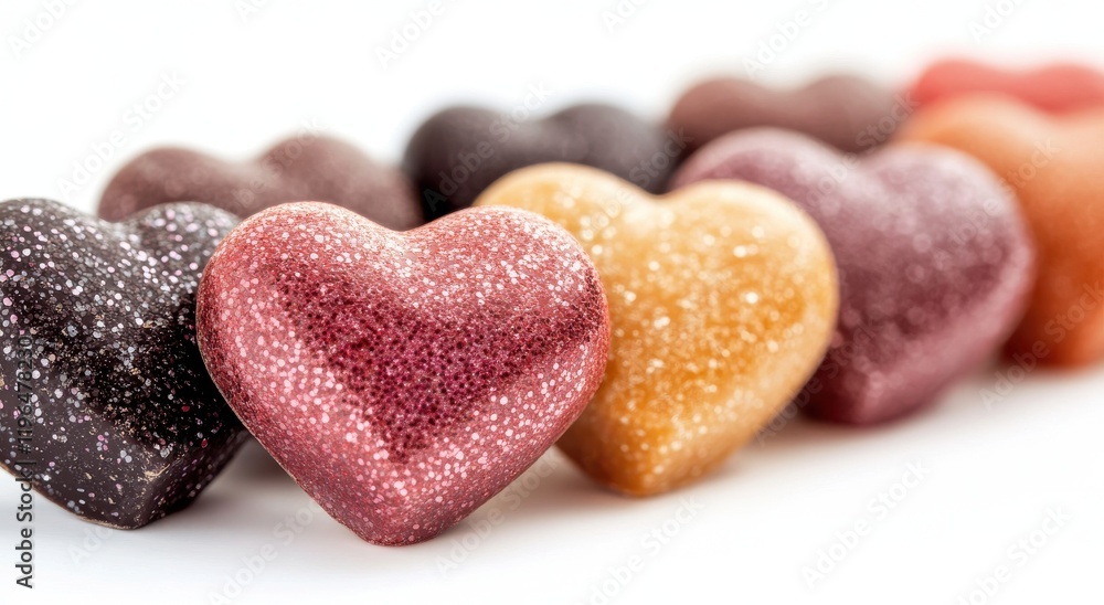 Poster sparkling heart-shaped chocolates in various colors and textures arranged in a row for celebrations 