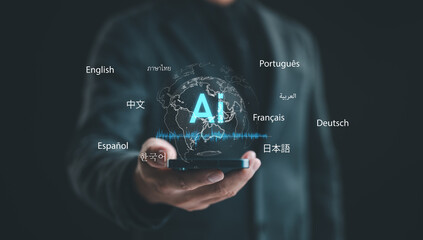 Ai technology application, Automatic translation system concept. Person use laptop computer with...