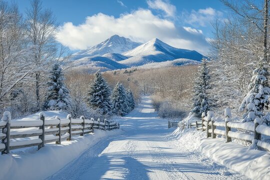 Snowy road leading to mount mansfield in stowe vermont during winter season