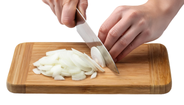 Hands Slicing Onion on Wooden Board, Isolated on Transparent Background - Powered by Adobe