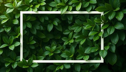 Nature-inspired background featuring an abstract white frame surrounded by lush green leaves, offering elegant copy space for designs