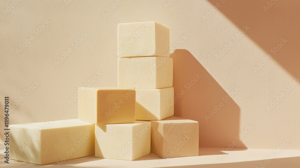 Poster Soft pastel butter yellow blocks rest on a warm surface, creating an inviting aesthetic. The carefully stacked geometric forms play with light and shadow, evoking a sense of calm