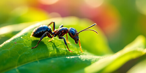 Closeup Black Ant on Green Leaf Nature Macro Photography