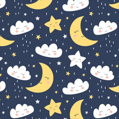 Childish night sky dream sleep pattern. Seamless childish clouds stars moon with eyes in the dark blue background.  Vector illustration. Cute baby design for fabric textile wallpaper. 