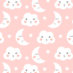 Pink seamless childish with clouds and moon pattern. Pastel night sky dream sleep pattern. Vector illustration design for fabric textile wallpaper background. 