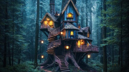 Fototapeta premium Enchanted treehouse nestled in a mystical forest setting.