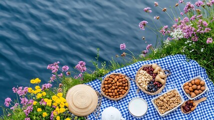 Nutritious snacks and milk by a lake. Healthy lifestyle, outdoor relaxation.