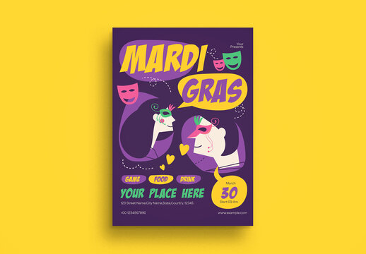 Purple Quirky Illustration Mardi Gras Flyer Layout