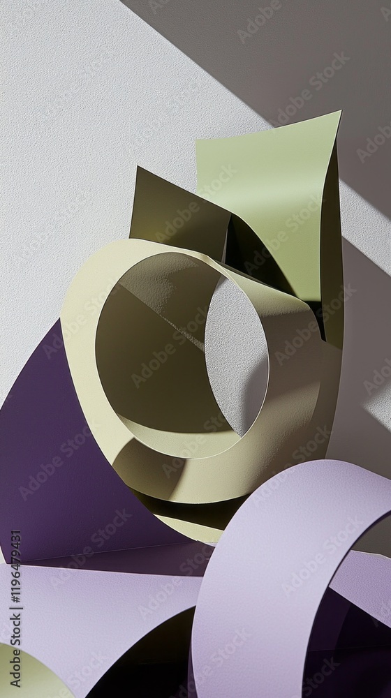 Poster Vibrant olive-colored geometric shapes are meticulously layered, casting dynamic shadows and creating a captivating interplay of form and color in an artistic arrangement