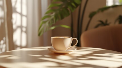 Warm Latte in Beige Cup on Table Sunlight Minimalist Coffee Shop Aesthetic