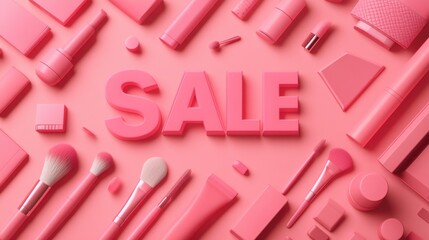 Fototapeta premium SALE in bold pink letters on a pink cosmetic backdrop with lipstick, brushes, and other beauty products. Perfect for marketing banners.