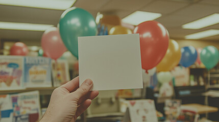 Birthday Celebration Blank Card: A hand holds a blank card with a festive backdrop of colorful balloons, creating a warm and inviting scene for birthday wishes and special messages.