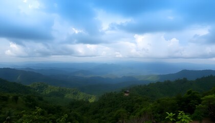 Breathtaking panoramic view of layered mountain forests under a cloudy sky in Mae Hong Son, Thailand, showcasing lush greenery and natural beauty
