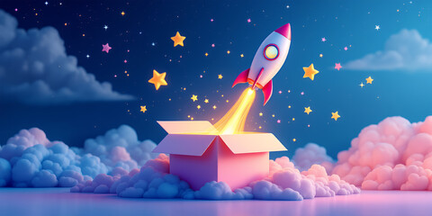 Rocket Launching From Gift Box Night Sky Image