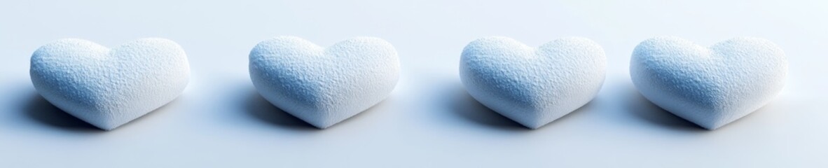 Four light blue fluffy hearts in a row on a white background.