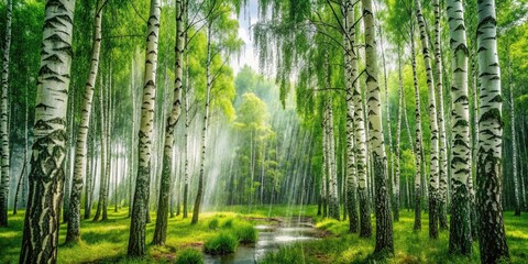 Obraz premium Panoramic Birch Trees Rain Slow Motion Photography - Nature Scene, HD Wallpaper, Rainy Day, Forest, Birch Forest, Slow Motion Video Still