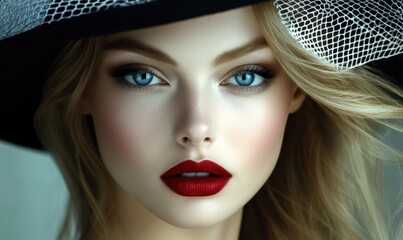 Close up photo of a fashionable woman wearing a hat on her face