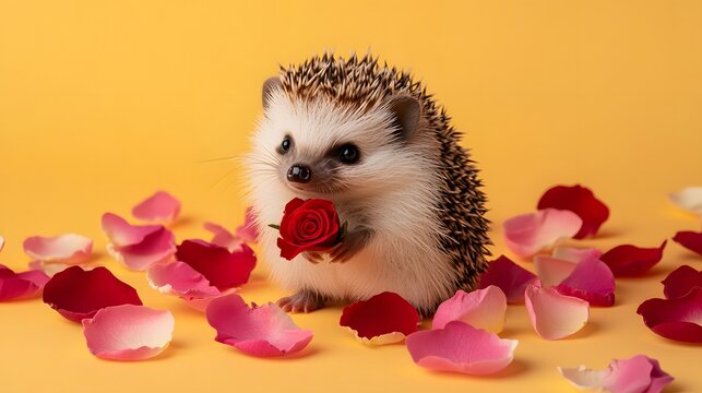 Tiny hedgehog holds a red rose surrounded by colorful flower petals on a pastel yellow background