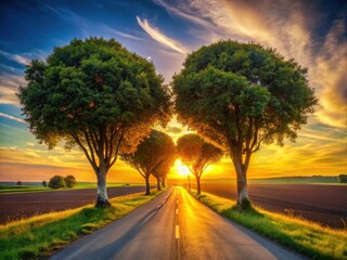 Fototapeta premium Panoramic Sunset Road, Heart Shaped Trees, Romantic Landscape Photography