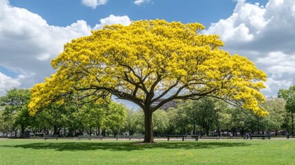 A bright yellow tree in a serene summer park with green grass and benches.