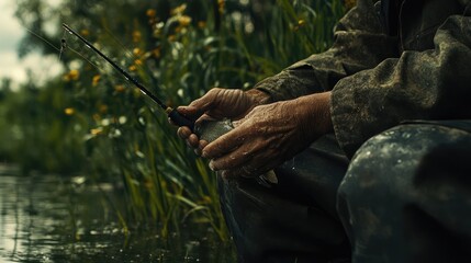 Obraz premium A close-up of a fisherman's hands reeling in a catch on a quiet riverbank.