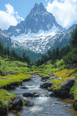 Obraz premium Majestic Mountain Peak and Serene Stream Valley Scene