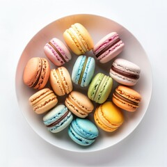A plate of colorful macarons in assorted flavors, isolated white background, abstract art style