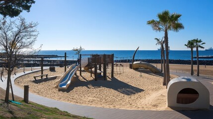 A Japanese seaside playground featuring sand play areas and a scenic ocean view.