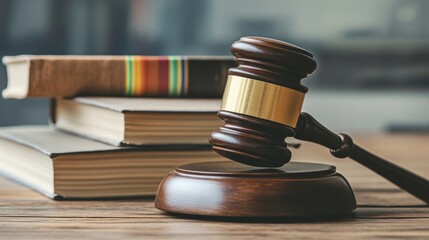 Obraz premium Wooden gavel and stacked books with a vibrant rainbow bookmark on a rustic wood table, highlighting law and justice for LGBTQ equality.