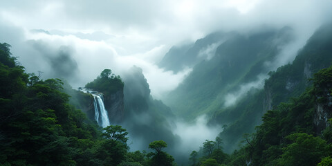 Misty Mountain Waterfall Landscape Photo