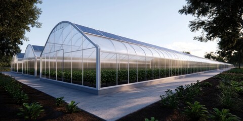 Fototapeta premium Modern greenhouse with solar panels and lush greenery