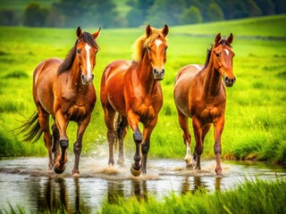 Obraz premium Rainy Day Horses, Wet Pasture, Equestrian Photography, Horse Photography After Rain, Green Field Horses