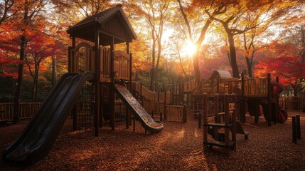 A quiet Japanese playground surrounded by maple trees with vibrant autumn leaves.