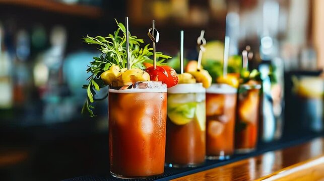 Bloody Mary cocktails, bar setting, garnishes, blurry background, menu photo