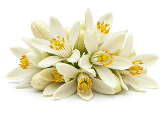 Fototapeta premium Orange tree flowers bunch closeup isolated on white, neroli blossom and white citrus tree bloom